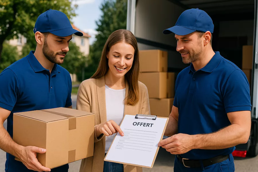 två flyttare och kund som går igenom offert och lastbil vid flytt